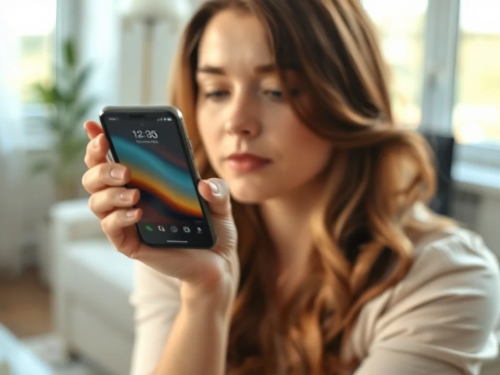 Kobieta trzymająca smartfon z wyświetlonym interfejsem stanu konta w jasnym, minimalistycznym wnętrzu.
