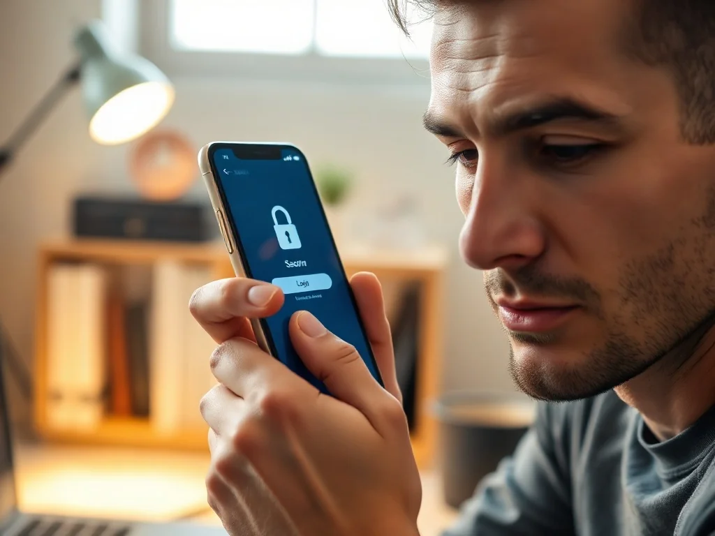 Mężczyzna logujący się do aplikacji na smartfonie w przytulnym domowym biurze.