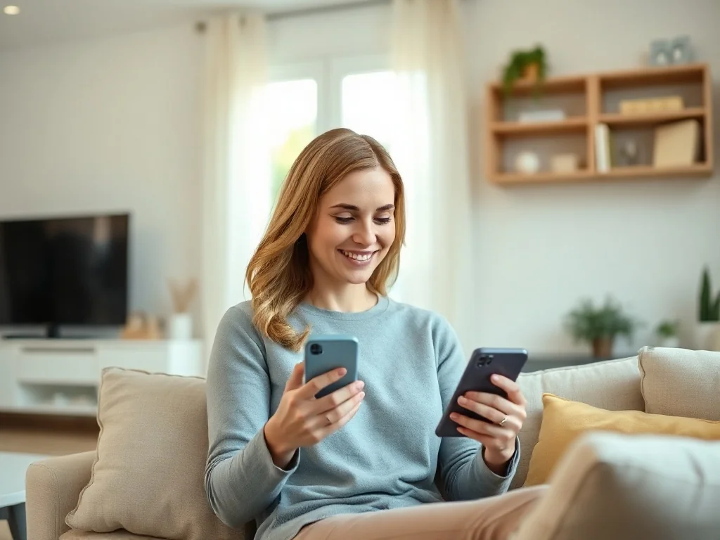 Uśmiechnięta kobieta korzystająca ze smartfona w nowoczesnym salonie, symbolizująca wygodne zakupy online.