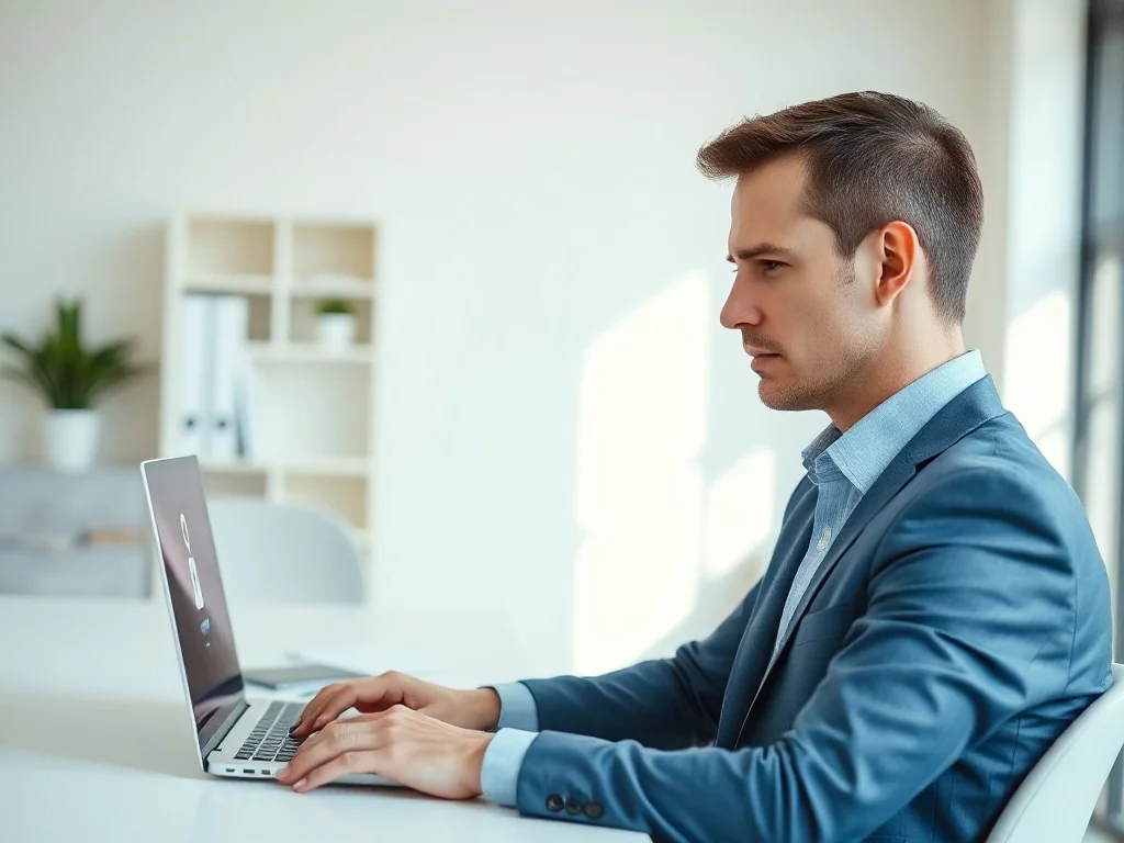 Mężczyzna pracujący przy laptopie w nowoczesnym biurze, logujący się do bezpiecznego panelu klienta.