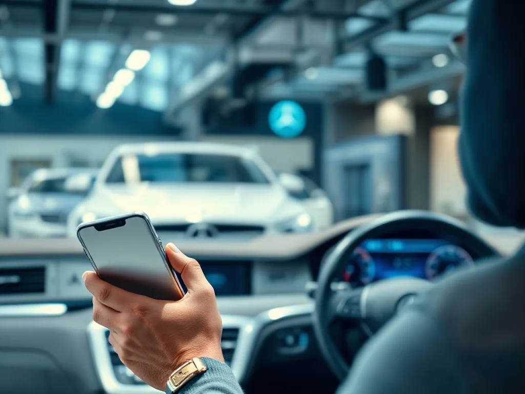 Mężczyzna korzystający ze smartfona w nowoczesnym salonie Mercedes-Benz, ilustrujący proces logowania do systemu pojazdu.