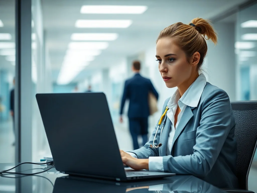 Pacjentka korzystająca z laptopa w nowoczesnym gabinecie lekarskim, symbolizująca łatwy dostęp do usług telemedycznych.