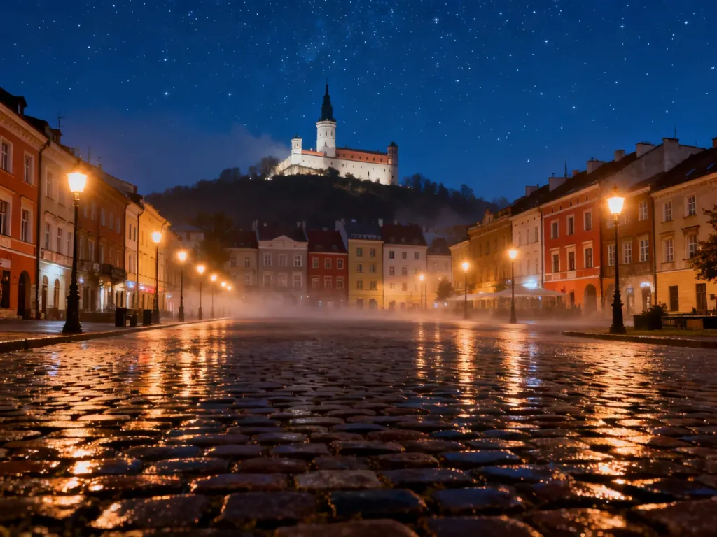 Nocny widok lubelskiej starówki po deszczu, w ciepłym świetle latarni, z zamkiem na wzgórzu w tle, no text on the picture